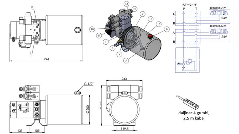 MINI AGGREGATO CILINDRICO 24V DC - 2,2kW = 2,1cc - 8 lit - 2x montaggio a due vie (metallico)