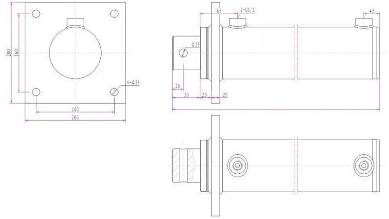 hydraulinen sylinteri kiinnitysalustalla 100/50-1000 - mitat