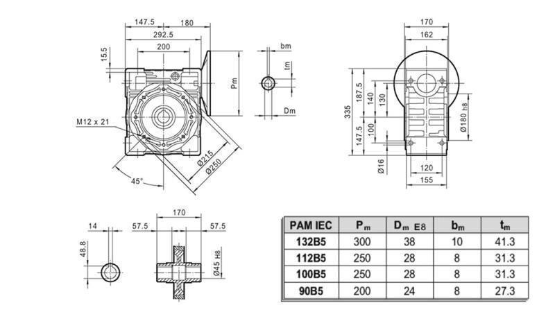 PMRV-130 ÜBERSETZUNGSGETRIEBE FÜR ELEKTROMOTOR MS132 (5,5W) VERHÄLTNIS 40:1